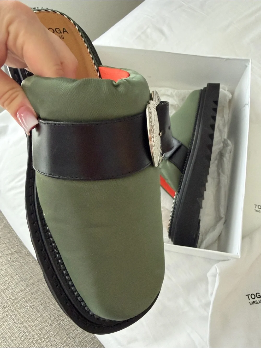 TOGA Virilis AJ 1357 Olive Nylon Slip-on Buckle Mules Men’s EU 45 / US 12